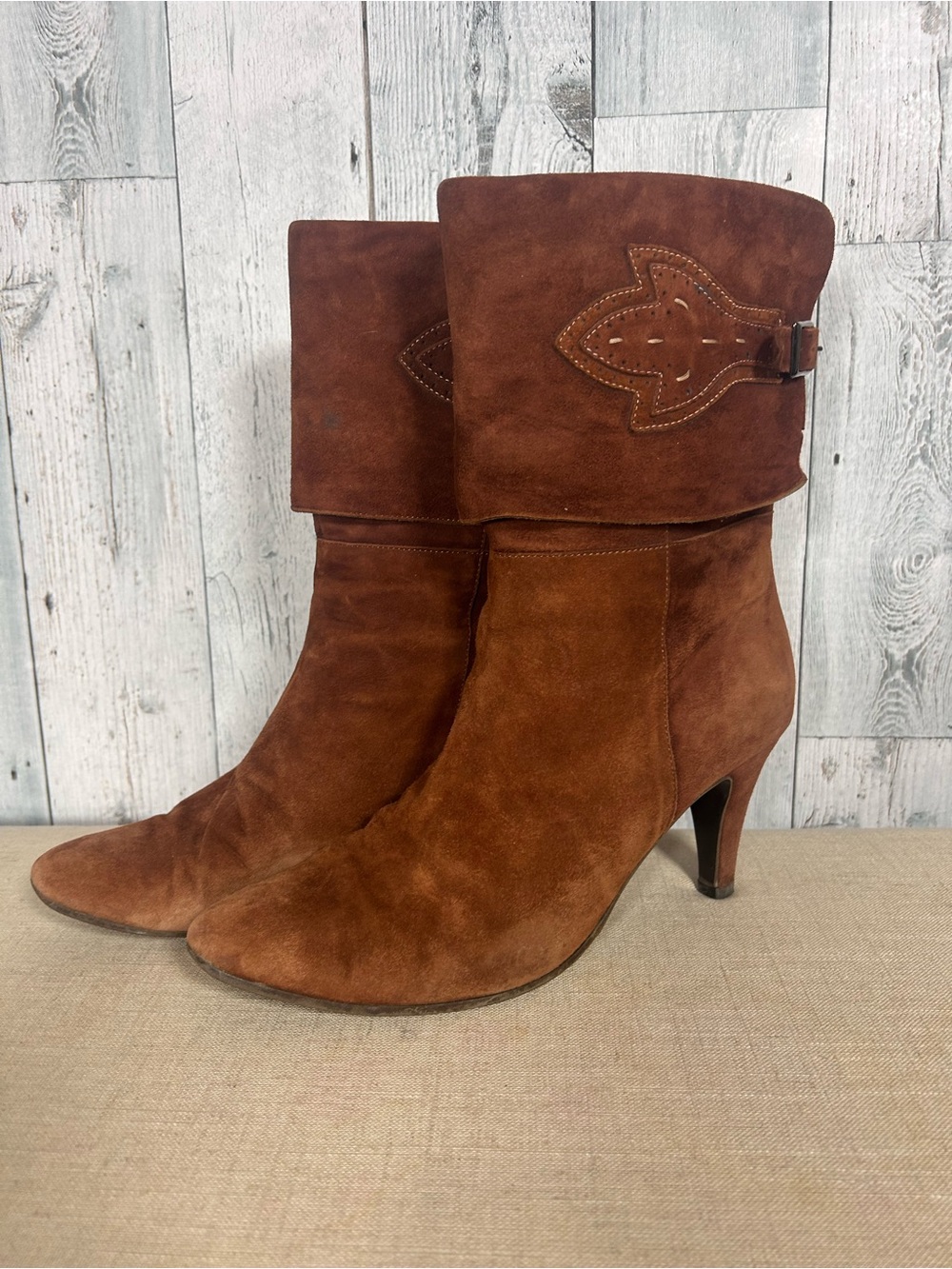 Women's Brown Suede Western Boots Size 40 Foldover Cuff Stiletto Boho Cowboy